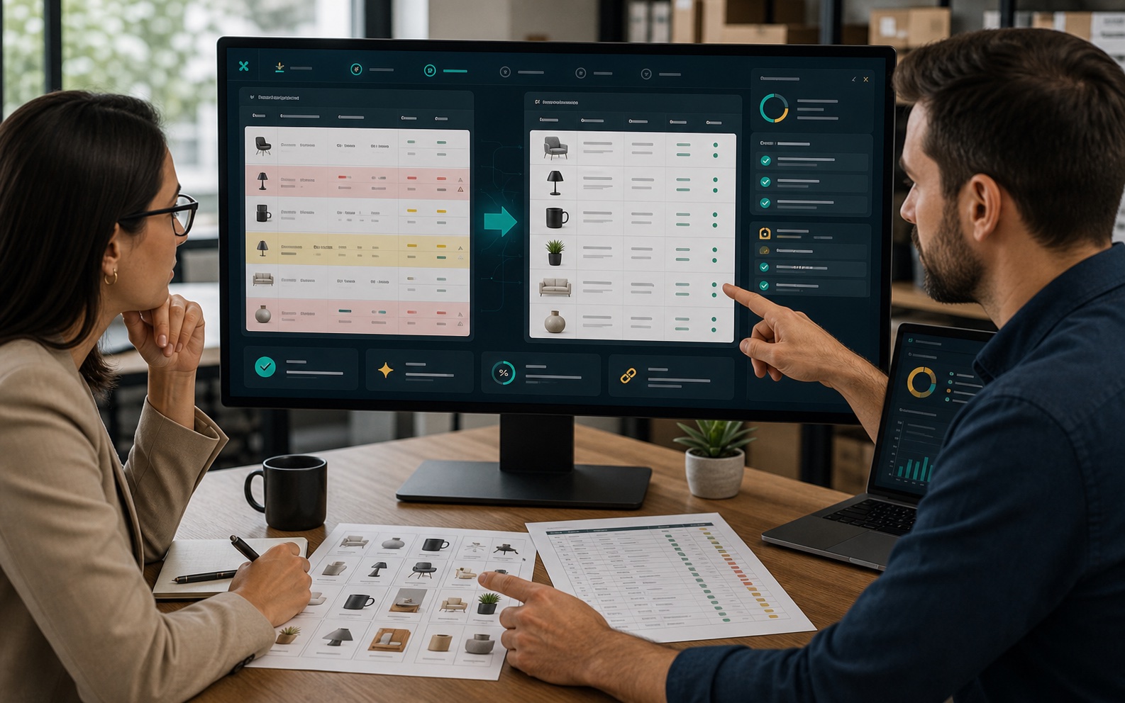 Das Katalogteam vergleicht inkonsistente Produktdaten mit einer standardisierten Version.